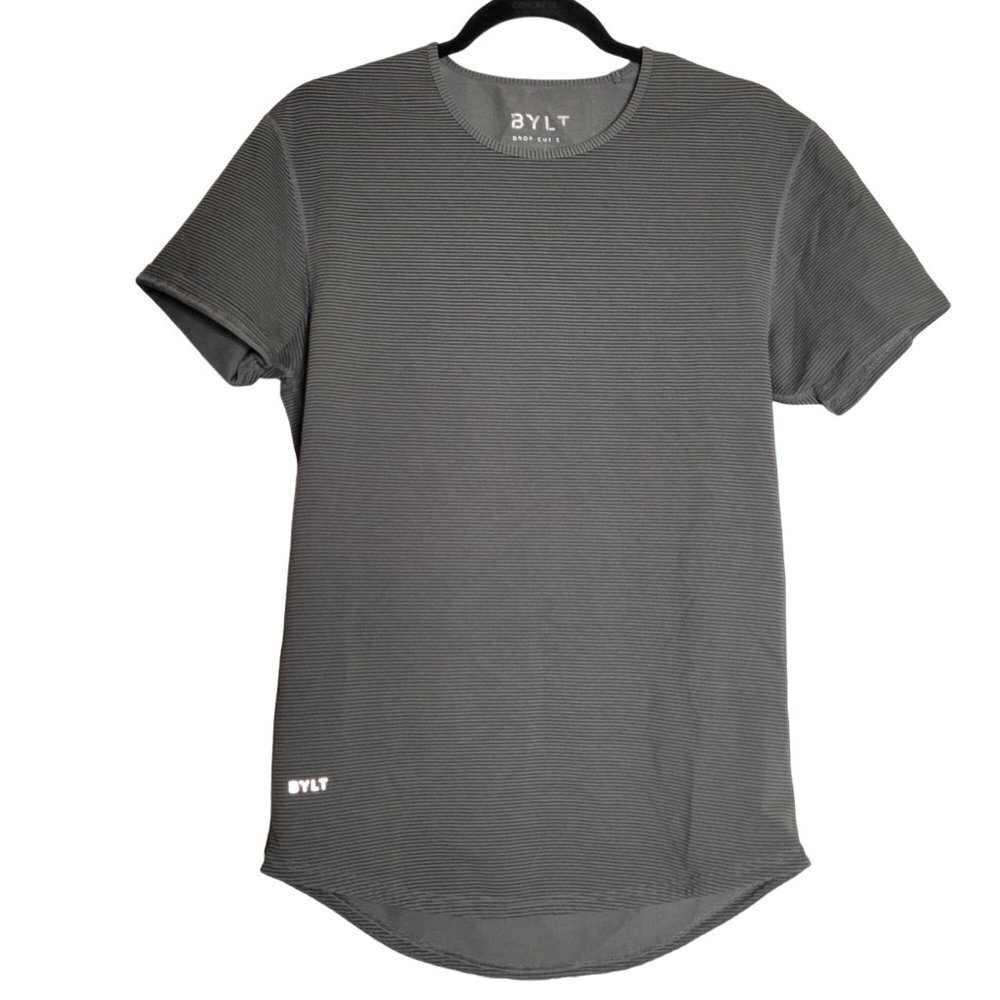 BYLT Mens Drop Cut Lux T-Shirt Short Sleeve Crewneck Striped‎ Gray Black Size S